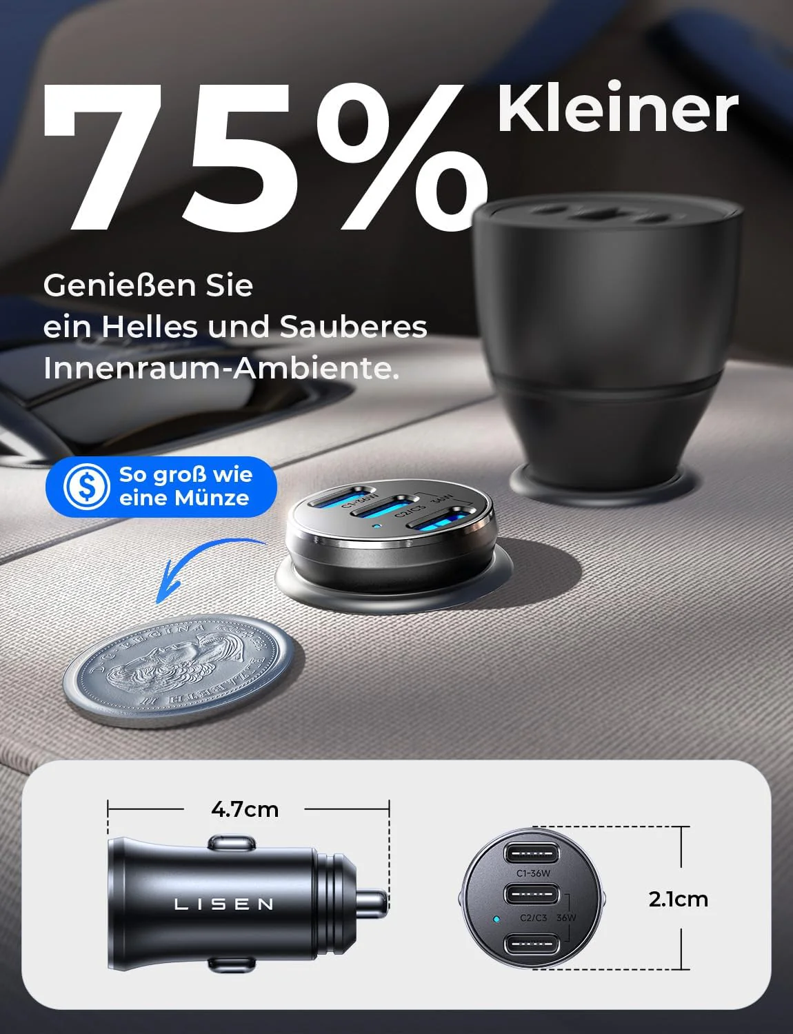 LISEN Mini USB C Car Charger Socket 12V Fast Charge Cigarette Lighter - Image 5