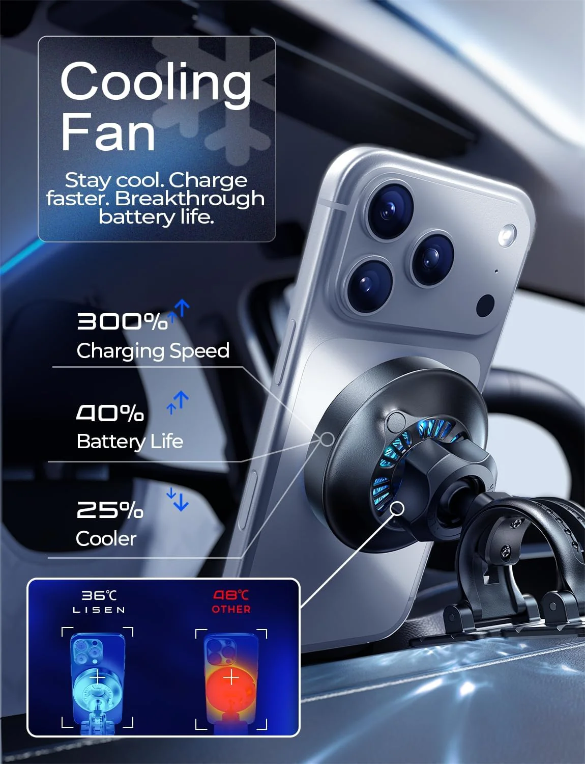 LISEN Qi2.2 25W MagSafe Car Mount Charger with Cooling Fan - Image 4